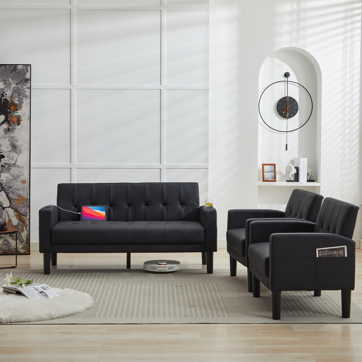 TYBOATLE Sofa Couch 62" W Loveseat w/ 2 USB Charger Ports & 2 Cupholders, Mid-Century Modern Tufted Black Faux Leather Small Love Seat Couches for Office,Compact Living Room,Bedroom,Apartment,Dorm TYBOATLE