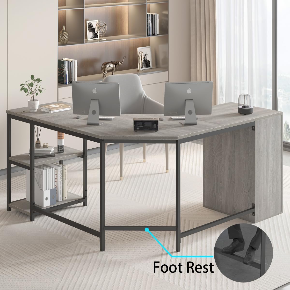 LVB Reversible Gray L Shaped Corner Desk with Storage, 60" Corner L-Shaped Computer Desk with File Cabinet Shelves, Wood Metal L Shape Home Office Work Study Writing Desk for Dual Monitor, Light Grey LVB