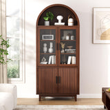 FiveWillowise 71" Tall Arched Cabinet with Glass Doors, Fluted Pantry Cabinet with Solid Wood Legs, Modern Accent Furniture for Living Room, Kitchen, Dining Room, Entryway, Walnut FiveWillowise