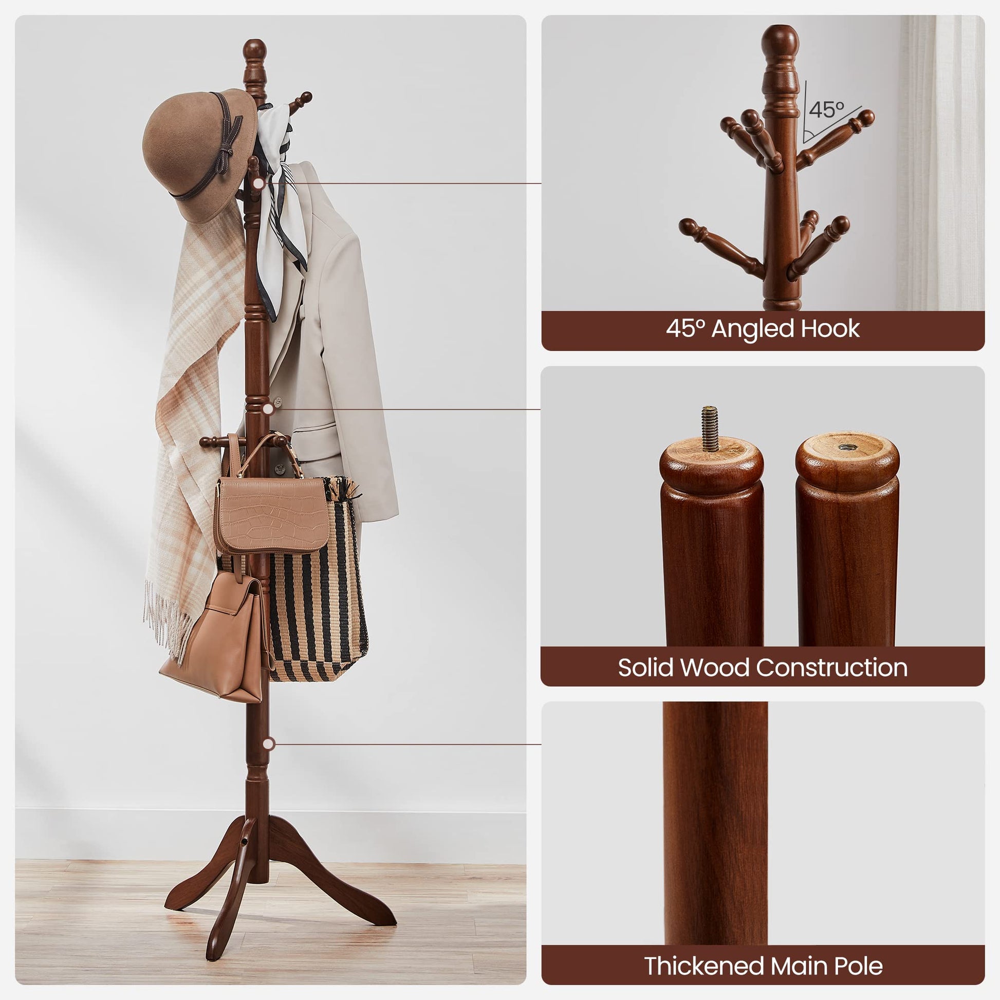 VASAGLE Solid Wood Coat Rack and Stand, Free Standing Hall Coat Tree with 10 Hooks for Hats, Bags, Purses, for Entryway, Hallway, Rubberwood, Dark - WoodArtSupply