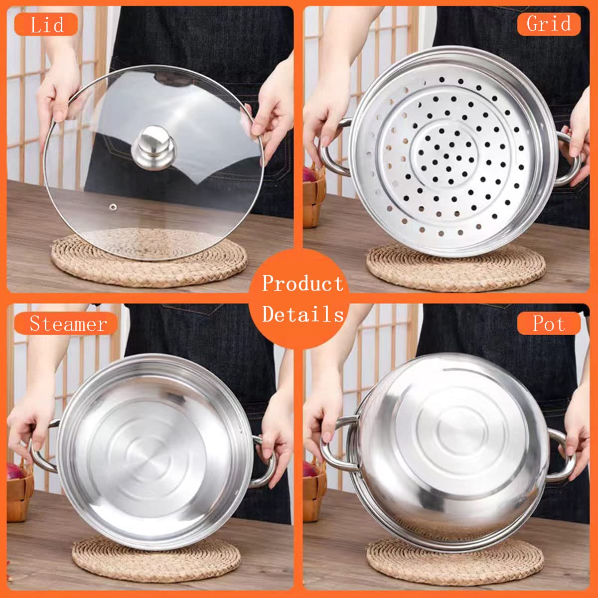 Steamer for Cooking, 18/8 Stainless Steel Steamer Pot, Food Steamer Steam Pots with Lid for Cooking Vegetables, Seafood, Soups, Stews and Pasta 10.9 x 6.1 inch LCPUD