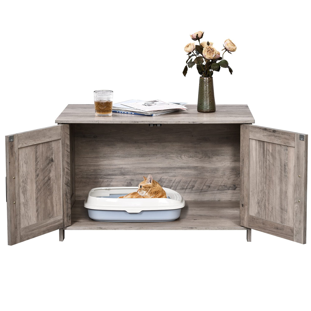 Homhedy Cat Litter Box Enclosure,Litter Box Furniture Hidden with Barn Door,Wooden Cat Washroom Furniture,Cat House,Fit Most of Litter Box, Greige Homhedy