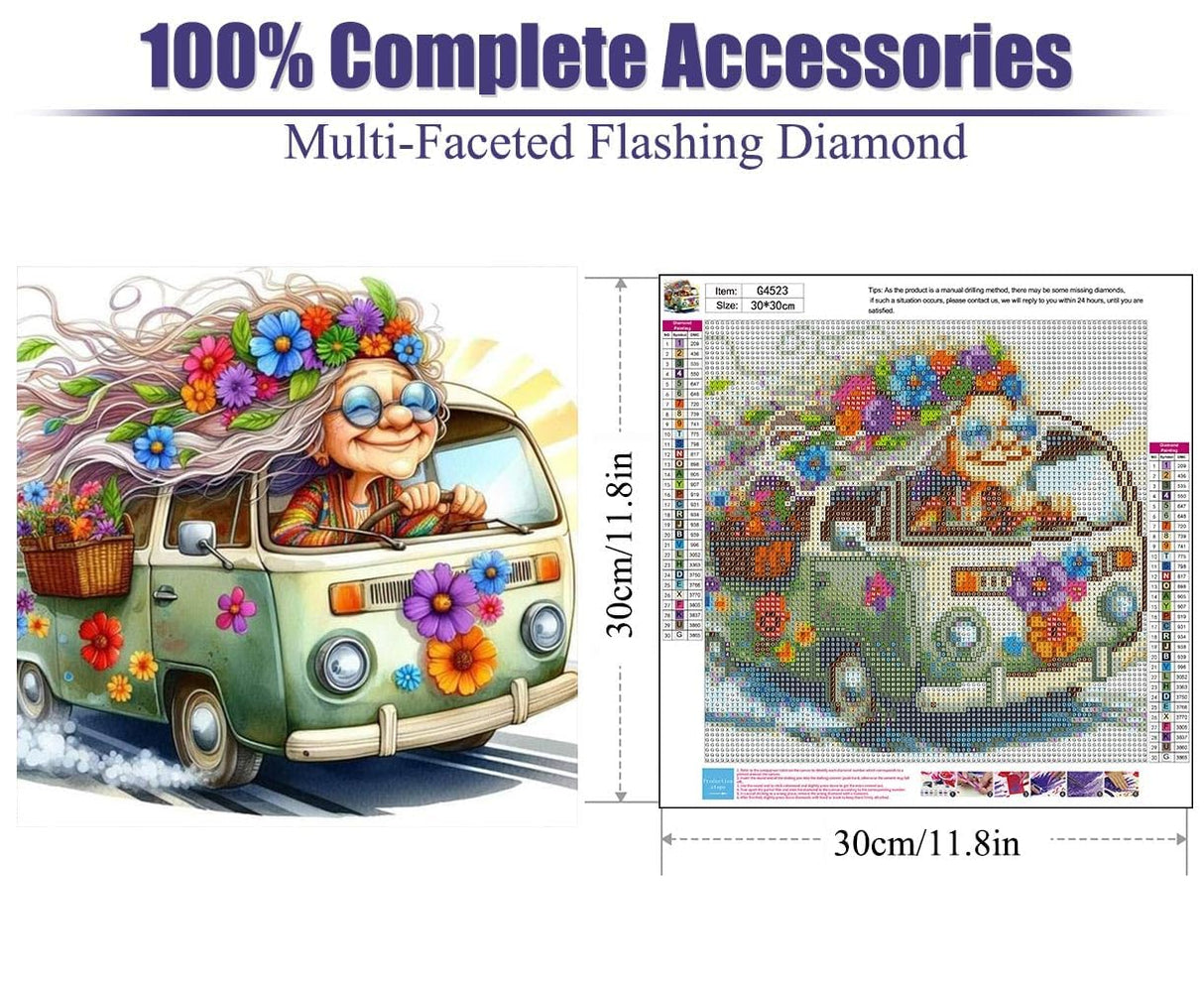 FQOVKYN Cartoon Diamond Painting Kits for Adults, Flower Car Diamond Art Kits for Adults Beginners, Cartoon Gem Art Kits for Adults for Home Wall Decor Present(12x12inch) FQOVKYN
