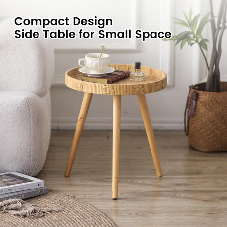 HuiDao Round Side Table, Boho Circle End Table Coffee Table with Solid Wood Leg, Rattan Side Tables Living Room for Small Spaces, Bedroom, Corners HuiDao