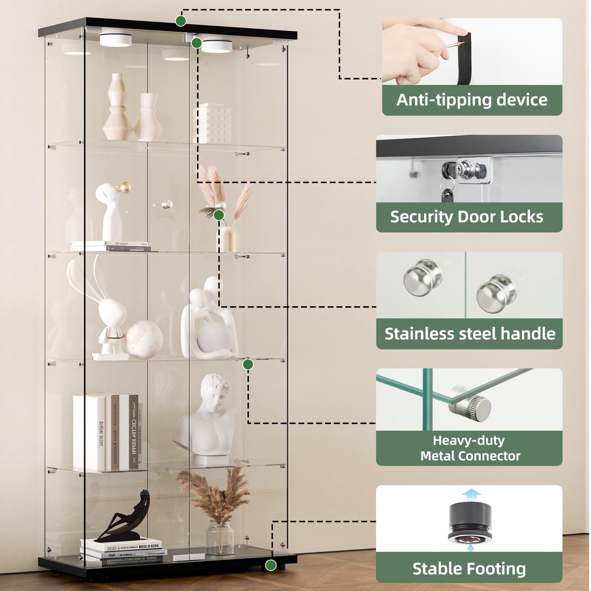 HAMBING Glass Display Cabinet with LED Lights and Lock, 5-Shelf Tempered Glass Curio Cabinet with 2 Doors, Collectible Display Showcase for Living Room, Bedroom – Black HAMBING