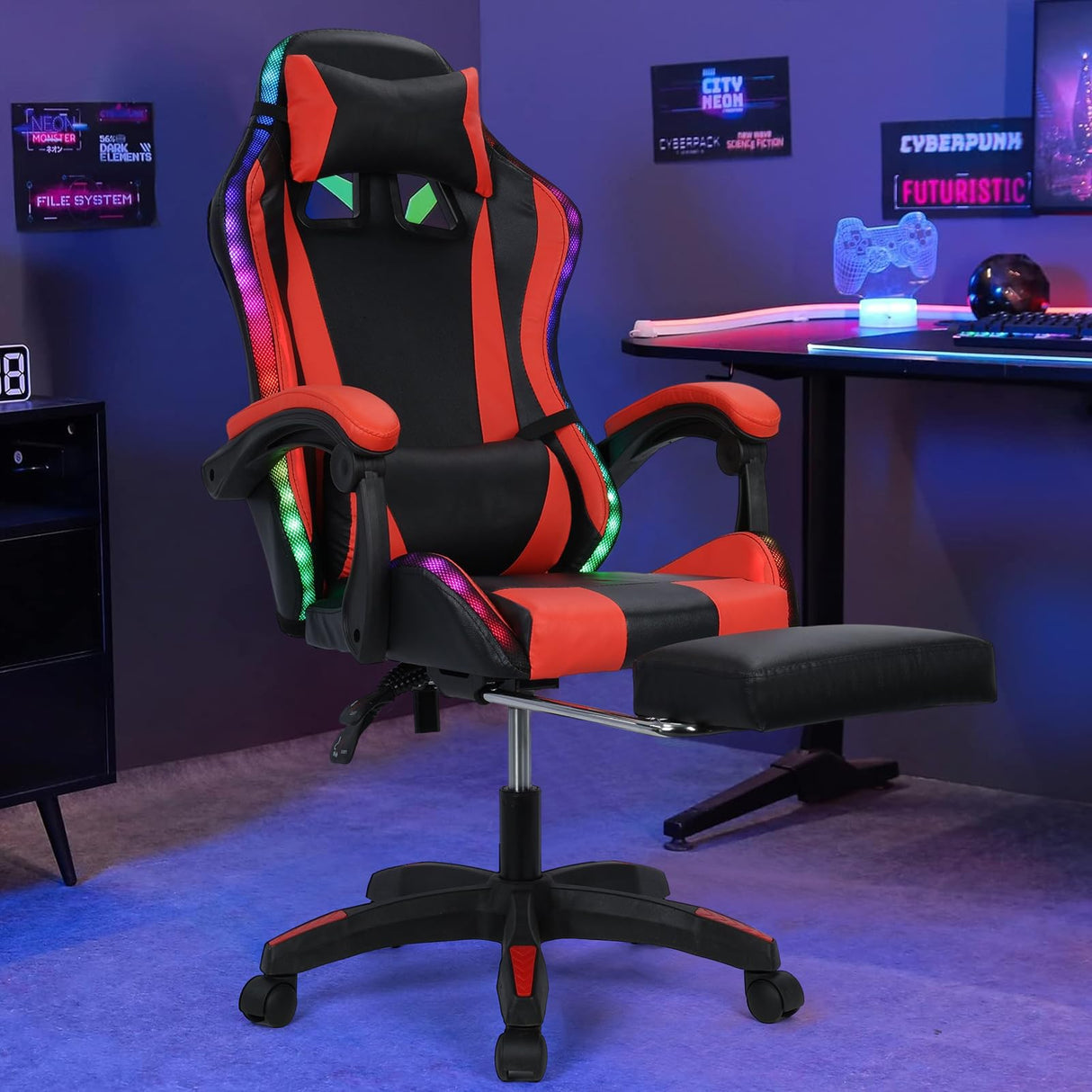 Gaming Chair Bluetooth Speakers RGB LED Lights Office Chair High Back Computer Chair Leather Desk Chair with Footrest Adjustable Swivel Video Game Chair with Headrest and Massage Lumbar Support (Red) leasote
