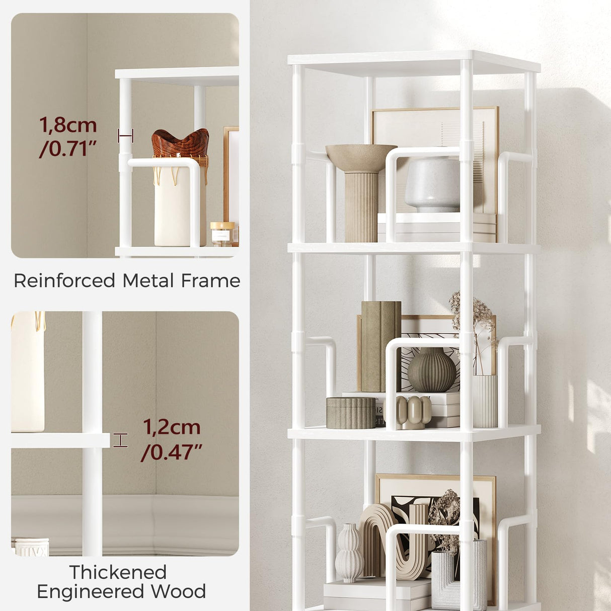 MAHANCRIS 4-Tier Rotating Bookshelf, Freestanding Corner Bookshelf, 360° Spinning Bookcase, Industrial Style Storage Rack with Rails, for Living Room, Bedroom, Study, White BKWT1501 MAHANCRIS