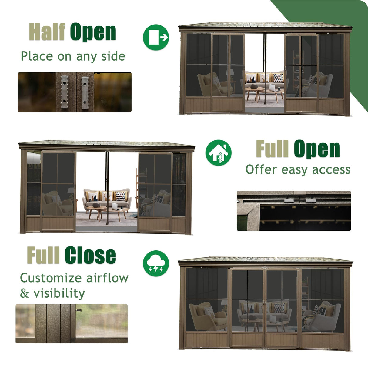 Domi 10’ x 12’ Sunroom, All-Season Wall Mounted Gazebo Solarium with Front Door, Side Entrance, Galvanized Steel Sloping Roof, PVC Screen, Outdoor Permanent Sun Room Lean to Gazebo for Deck Patio domi outdoor living