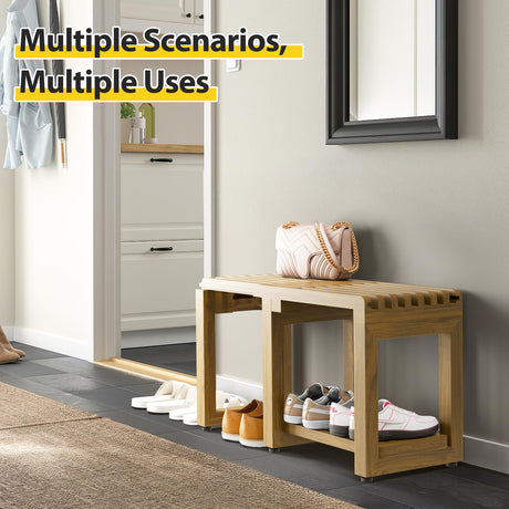 Adjustable Shower Benches for Inside Shower Length 26.4'', Acacia Wood Shower Bench Waterproof, 440lbs Bathroom Bench with Storage for Shaving Legs Spa Sauna, Shower Chair for Adults Seniors Elderly WXCOPON