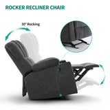 DWVO Manual Recliner Chair with Massage and Heat, Fabric Recliner Chair with Overstuffed Armrest, Rocking Recliner with 2 Cup Holders, USB Charge Port and Side Pocket for Living Room, Grey DWVO