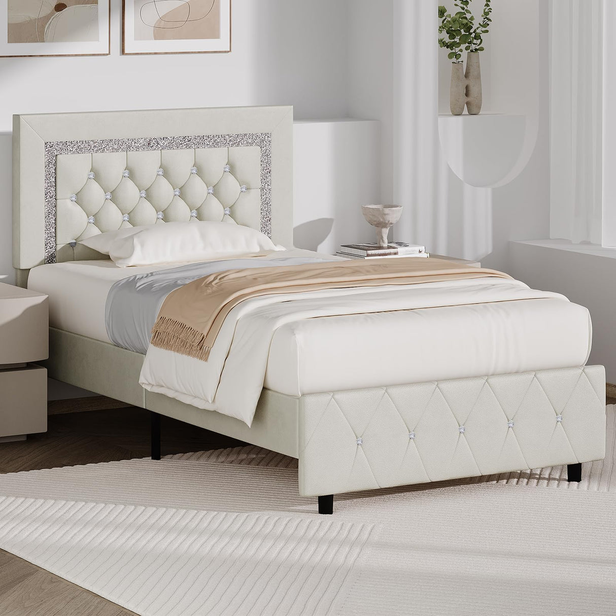 Twin Bed Frame with Diamond Tufted Headboard, Faux Leather Upholstered Bed with Wooden Slats Support, No Box Spring Needed, Mattress Foundation, Easy Assembly, Cream BarnFurin