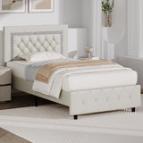 Twin Bed Frame with Diamond Tufted Headboard, Faux Leather Upholstered Bed with Wooden Slats Support, No Box Spring Needed, Mattress Foundation, Easy Assembly, Cream BarnFurin