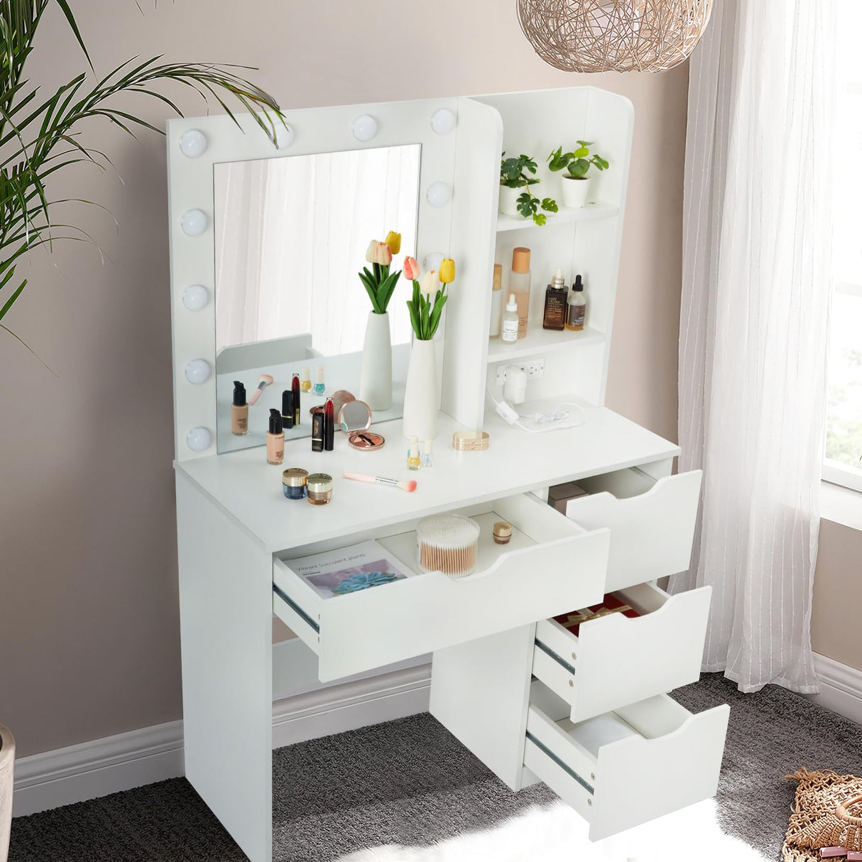 JoanKaren Modern Vanity Makeup Desk with Vanity Mirror, Built-in Lights, 4 Drawers, Crystal Ball Knobs, Power Outlet, White Makeup Desk for Bedroom JoanKaren