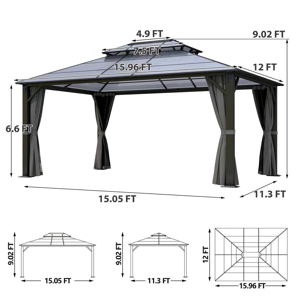 Raysfung Hardtop Gazebo 12' x 16', Patio Gazebos with Polycarbonate Roof & Steel Frame, Outdoor Pavilion with Gray Curtain&Netting for Backyard/Lawn/Garden/Deck Raysfung