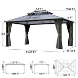 Raysfung Hardtop Gazebo 12' x 16', Patio Gazebos with Polycarbonate Roof & Steel Frame, Outdoor Pavilion with Gray Curtain&Netting for Backyard/Lawn/Garden/Deck Raysfung