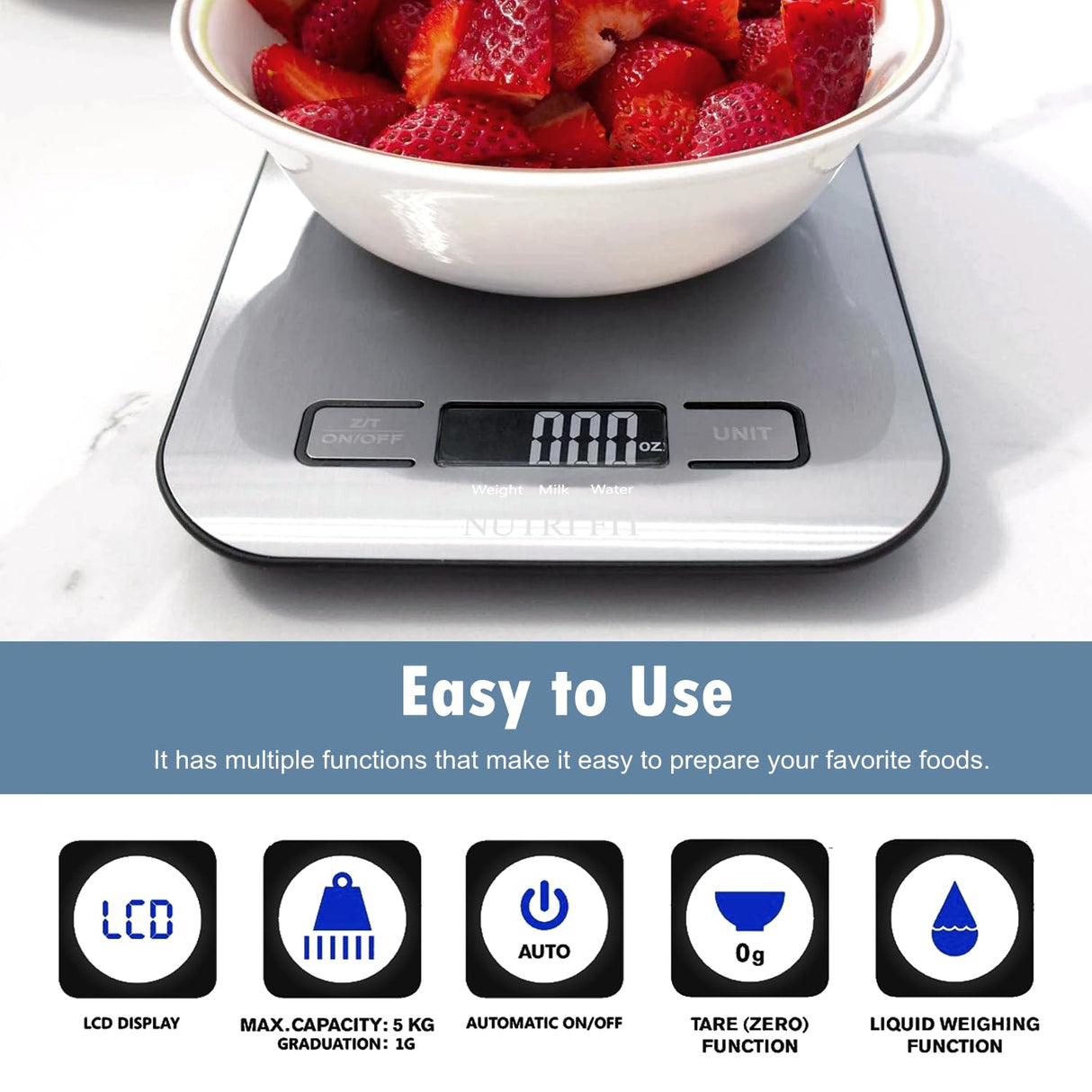 Food Scale, Kitchen Scales Digital Weight Food Grams and Ounces for Weight Loss Baking Cooking of NUTRI FIT, Max 11lb 1g Increment, Backlight LCD Smart Tare Stainless Steel, Easy to Use, AAA Battery NUTRI FIT