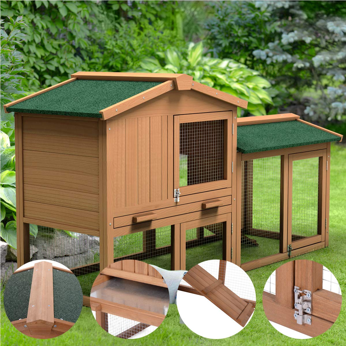 PETSJOY Rabbit Hutch, 58 Inches Outdoor Large Wooden Bunny Cage Chicken Coop with Ventilation Door, Removable Tray & Ramp PETSJOY