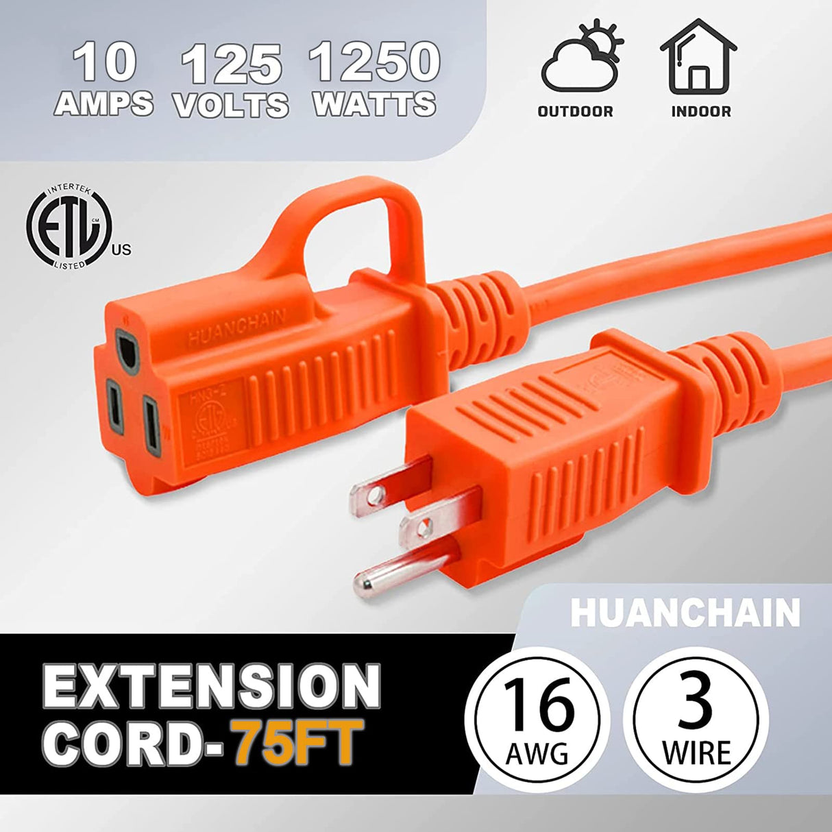 HUANCHAIN Outdoor Extension Cord 75 Foot Waterproof, 16/3 Gauge Flexible Cold-Resistant Appliance Extension Cord Outside, 10A 1250W 16AWG SJTW, 3 Prong Heavy Duty Electric Cord Orange, ETL huanchain