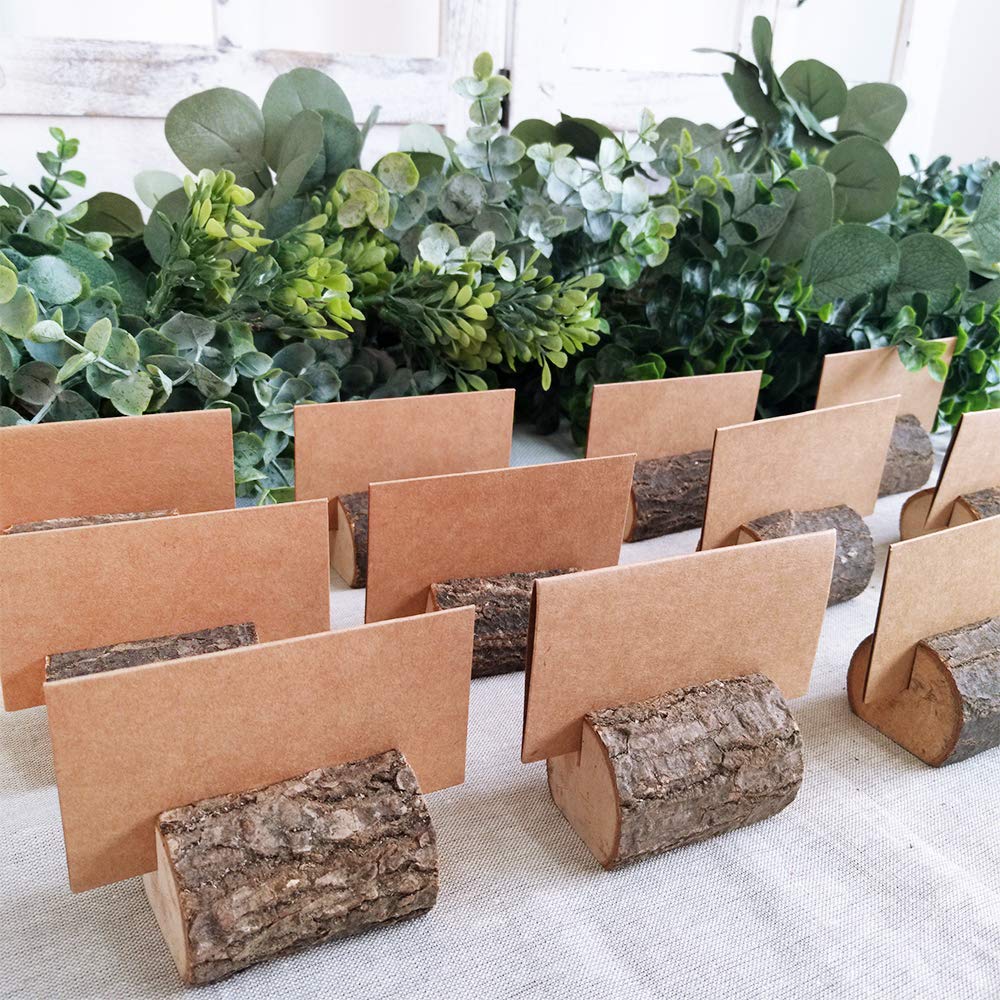 Supla 20 Pcs Rustic Wood Place Card Holders Wooden Table Numbers Holder Stand Wooden Bark Memo Holder Card Photo Picture Note Clip Holders and Kraft Place Cards Bulk Wedding Party Table Numbe - WoodArtSupply