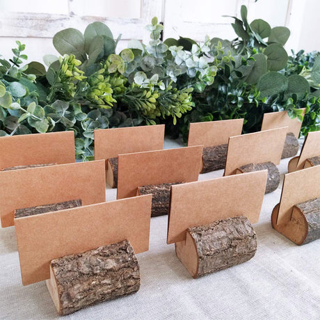 Supla 20 Pcs Rustic Wood Place Card Holders Wooden Table Numbers Holder Stand Wooden Bark Memo Holder Card Photo Picture Note Clip Holders and Kraft Place Cards Bulk Wedding Party Table Number Sign Supla