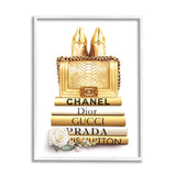 Stupell Industries Divine Golden Fashion Purse on Glam Designer Bookstack, Designed by ROS Ruseva White Framed Wall Art, Gold Stupell Industries