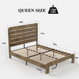Queen Size Wooden Bed Frame with Headboard, Rustic Farmhouse Style Sturdy Bedframe with Wooden Slat Support, Noiseless, Easy to Assemble, No Spring Mattress Required. (Light Brown, Queen) QNICE