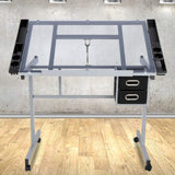 Nouva Adjustable Drafting Table Desk, Drawing Table on Wheels w/Storage & Side Tray, Artist Desk Tilting Glass Tabletop Art Craft Desk for Home Office Nouva