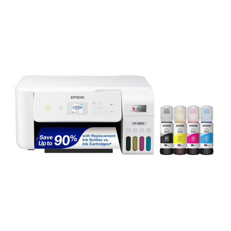Epson EcoTank ET-2800 Wireless Color All-in-One Cartridge-Free Supertank Printer with Scan and Copy â€“ The Ideal Basic Home Printer - White, Medium Epson