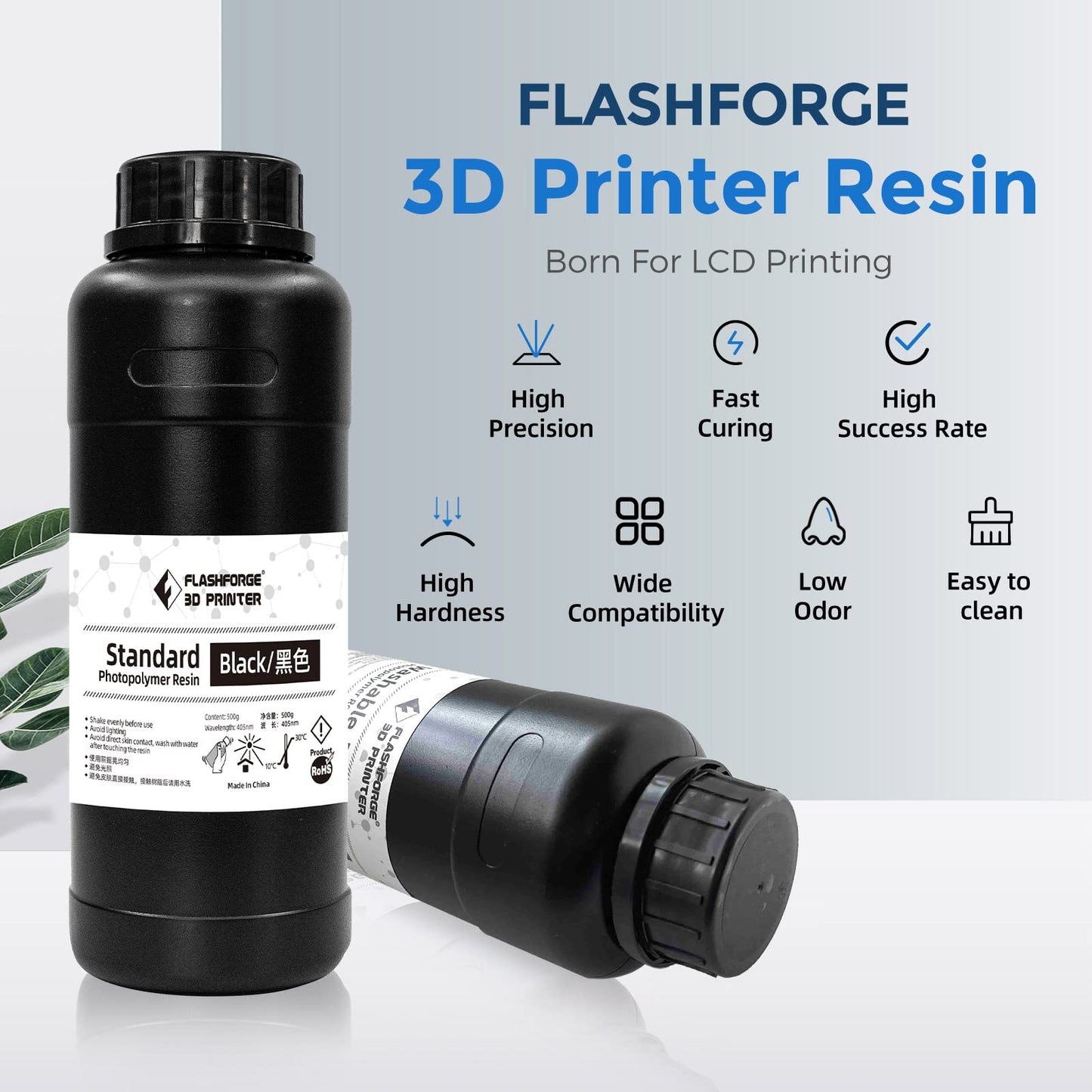 FLASHFORGE 3D Printer Resin, LCD UV-Fast-Curing Resin 405nm Standard Photopolymer Resin for LCD 3D Printing with High Precision Printing, Low Odor (Black, 500G)