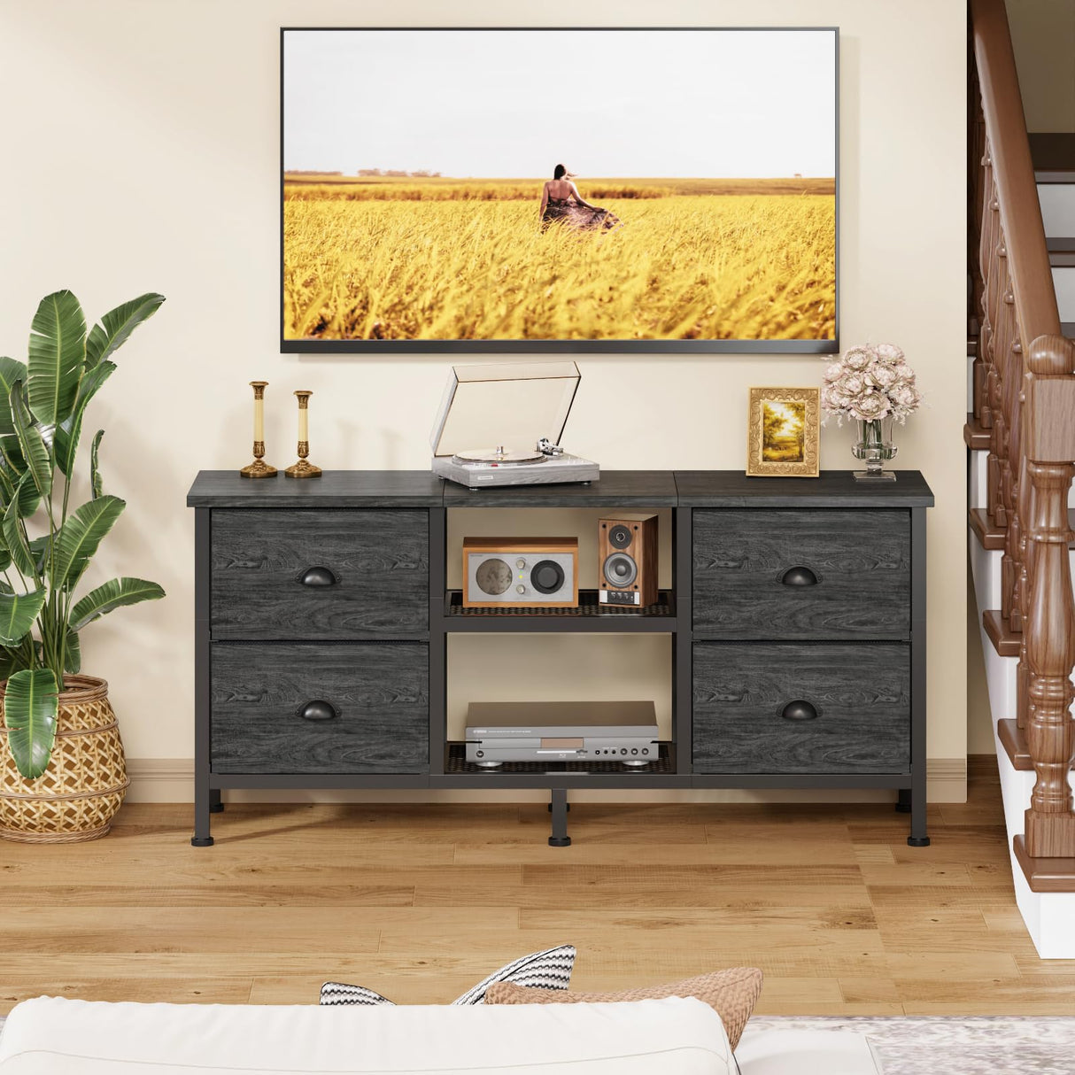Furologee TV Stand with 4 Drawers, Small Entertainment Center with Open Shelf, Dresser TV Console Table for 50" TV, Media Center for Bedroom, Living Room/Black Oak Furologee
