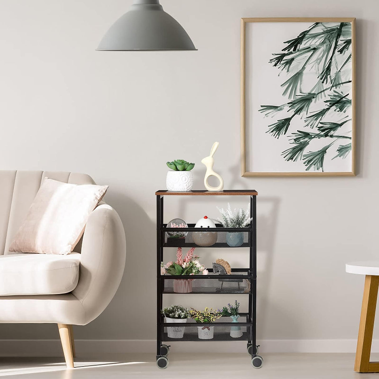 LIANTRAL Rustic Kitchen Storage Cart, 4 Tier Kitchen Cart on Wheels, Metal Mesh Storage Pantry Cart with Lockable Wheels, Wood Look Top and Metal Frame. LIANTRAL