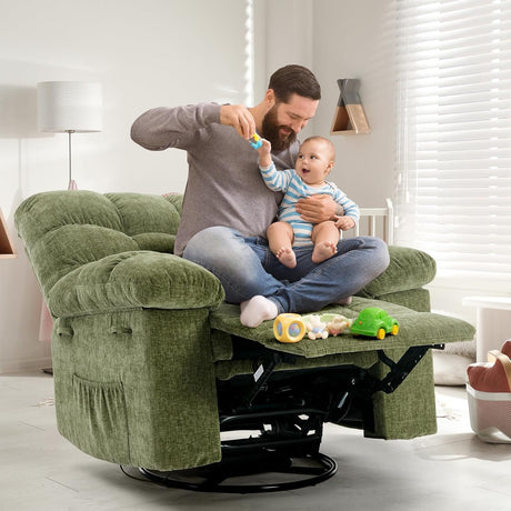 Oversized Swivel Rocker Recliner Chair for Adult, 360° Swivel Rock Recliner, Extra Wide Manual Recliners, Chenille Upholstery Overstuffed Soft Rocking Sofa Chair,Green LIZHOUMIL