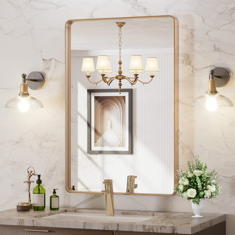 LOAAO 24”X36” Gold Bathroom Mirror, Rounded Rectangle Gold Frame Mirror, Brushed Gold Bathroom Vanity Mirror Wall-Mounted, Anti-Rust, Tempered Glass, Hangs Horizontally or Vertically LOAAO