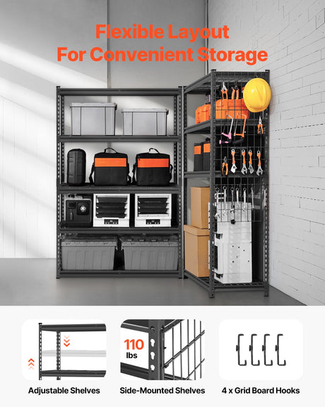 VEVOR Storage Shelves, 2500 lbs, 5 Tier Heavy Duty Garage Shelving, 18" D x 48" W x 72" H Adjustable Metal Shelves for Industrial Shelving Unit Utility Shelf, for Kitchen, Warehouse, Basement, Black VEVOR