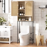 Rattan Over The Toilet Cabinet with Metal Stand, Over The Toilet Rack Cabinet with Adjustable Shelf, Bathroom Organizer with Storage, Tall Boho standing Wood Washer Shelf, Curved Cupboard, Natural FiveWillowise