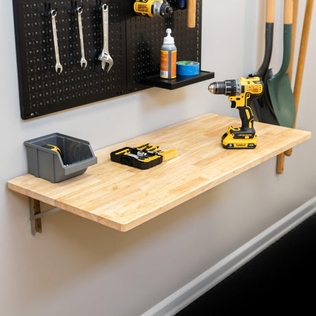 StoreYourBoard Wall Mounted Work Bench, Folding Wall Desk, Solid Hardwood Floating Desk and Laundry Table, 40 in. x 18 in. Folding Work Table, Stainless Steel Brackets Hold 200 lbs StoreYourBoard