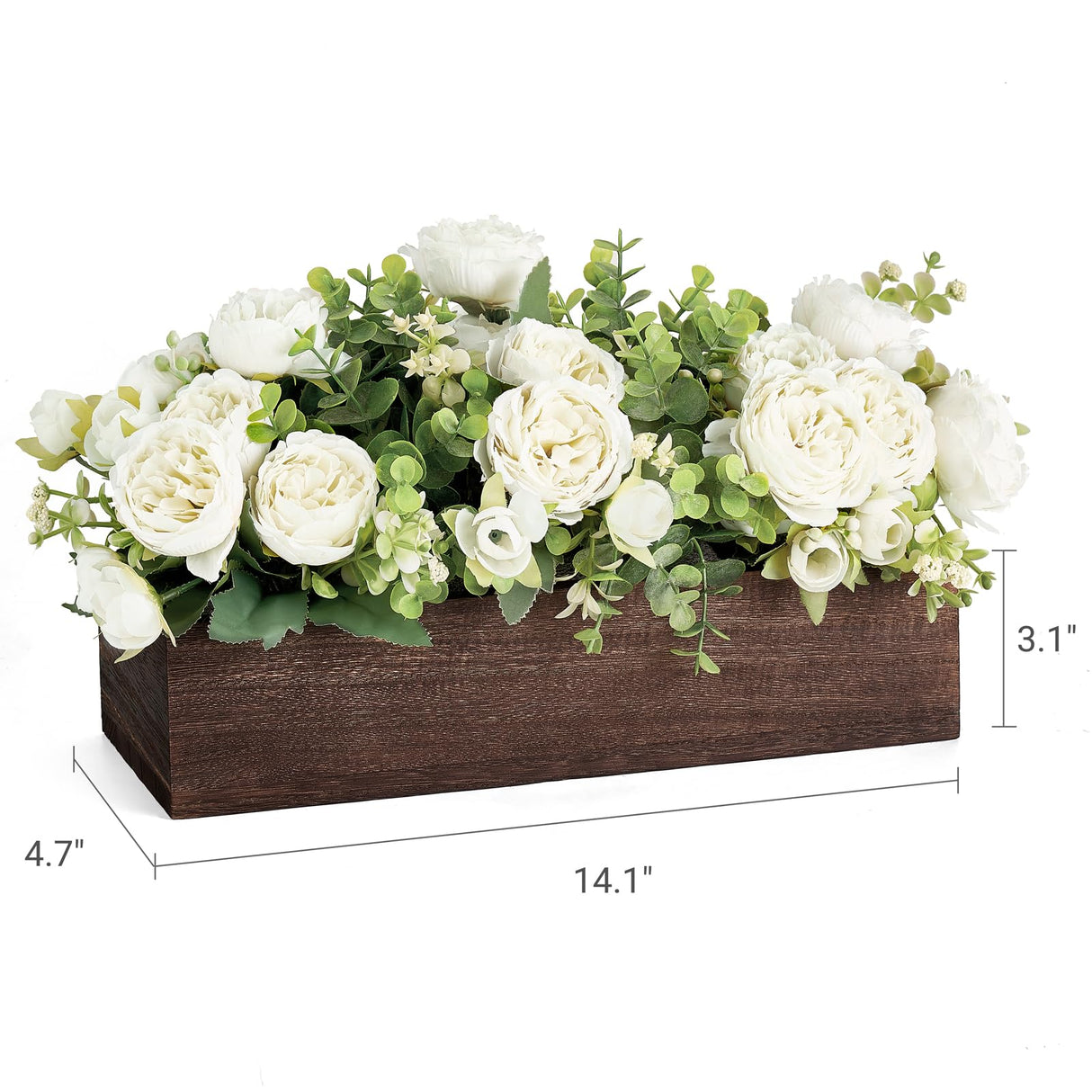 Dahey Centerpiece Table Decorations for Dining Room Farmhouse Living Room Table Centerpieces Decor Wood Tray with 3 Artificial Flowers and 2 Eucalyptus for Kitchen Table, 14.1" x 4.7" x 3.1", White Dahey