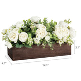 Dahey Centerpiece Table Decorations for Dining Room Farmhouse Living Room Table Centerpieces Decor Wood Tray with 3 Artificial Flowers and 2 Eucalyptus for Kitchen Table, 14.1" x 4.7" x 3.1", White Dahey