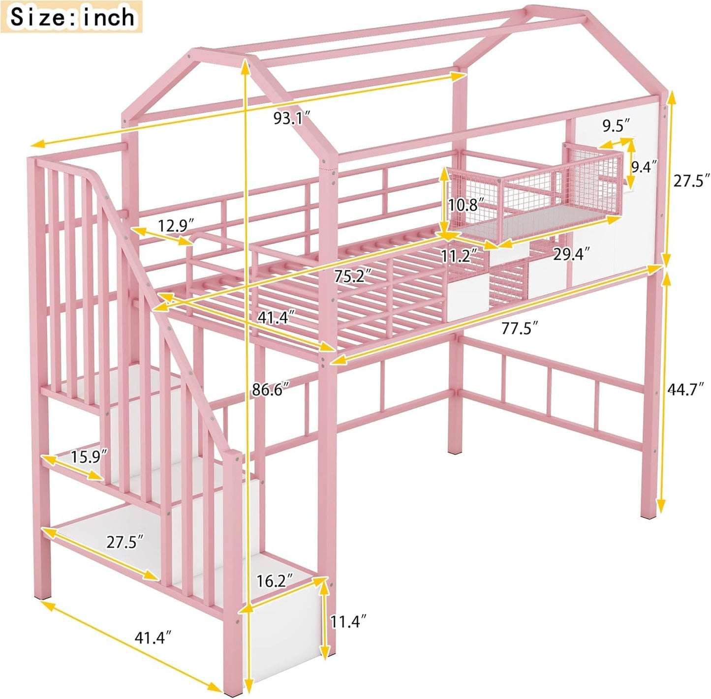 Virubi Twin Kids Loft Bed with Stairs, Low Loft Bed with Roof, Safety Rail and Storage Box, Metal Loft Bed with Storage House Loft Bed for Kids Girls (Pink)