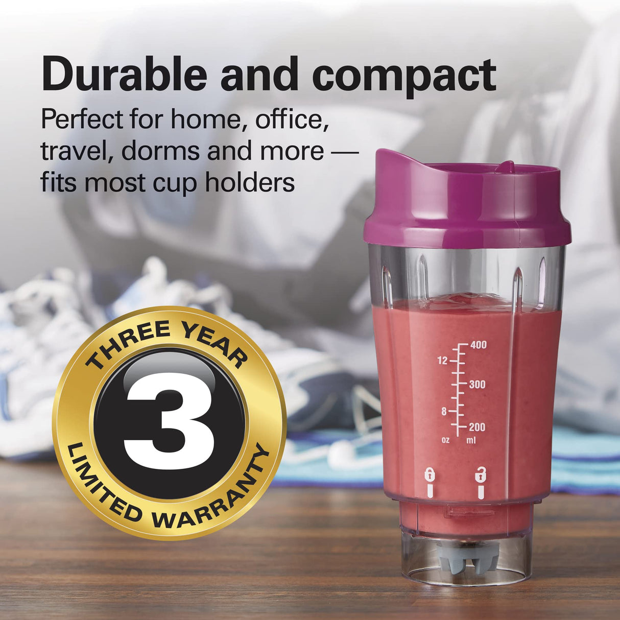 Hamilton Beach Portable Blender for Shakes and Smoothies with 14 Oz BPA Free Travel Cup and Lid, Durable Stainless Steel Blades for Powerful Blending Performance, Raspberry (51131) Hamilton Beach