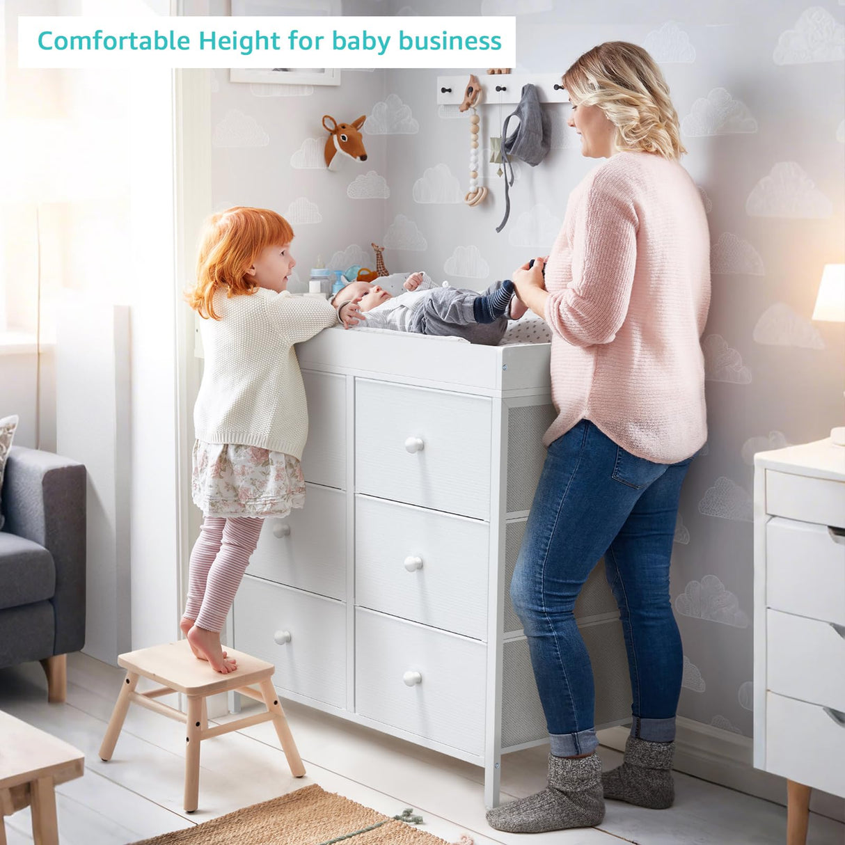 BOLUO Changing Table Dresser with 6 Fabric Drawers, Baby Dresser with Changing Table Top Diaper Changing Station with Storage for Nursery Modern BOLUO