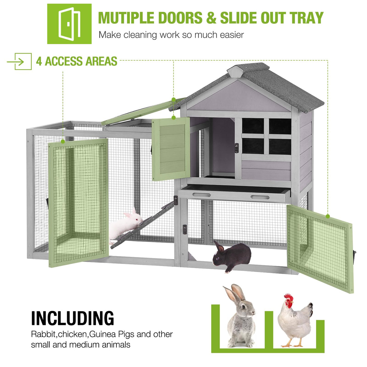 GUTINNEEN 51.6" L Chicken coop Outdoor Rabbit Hutch Indoor Bunny Cage Expandable Duck House(Grey) GUTINNEEN