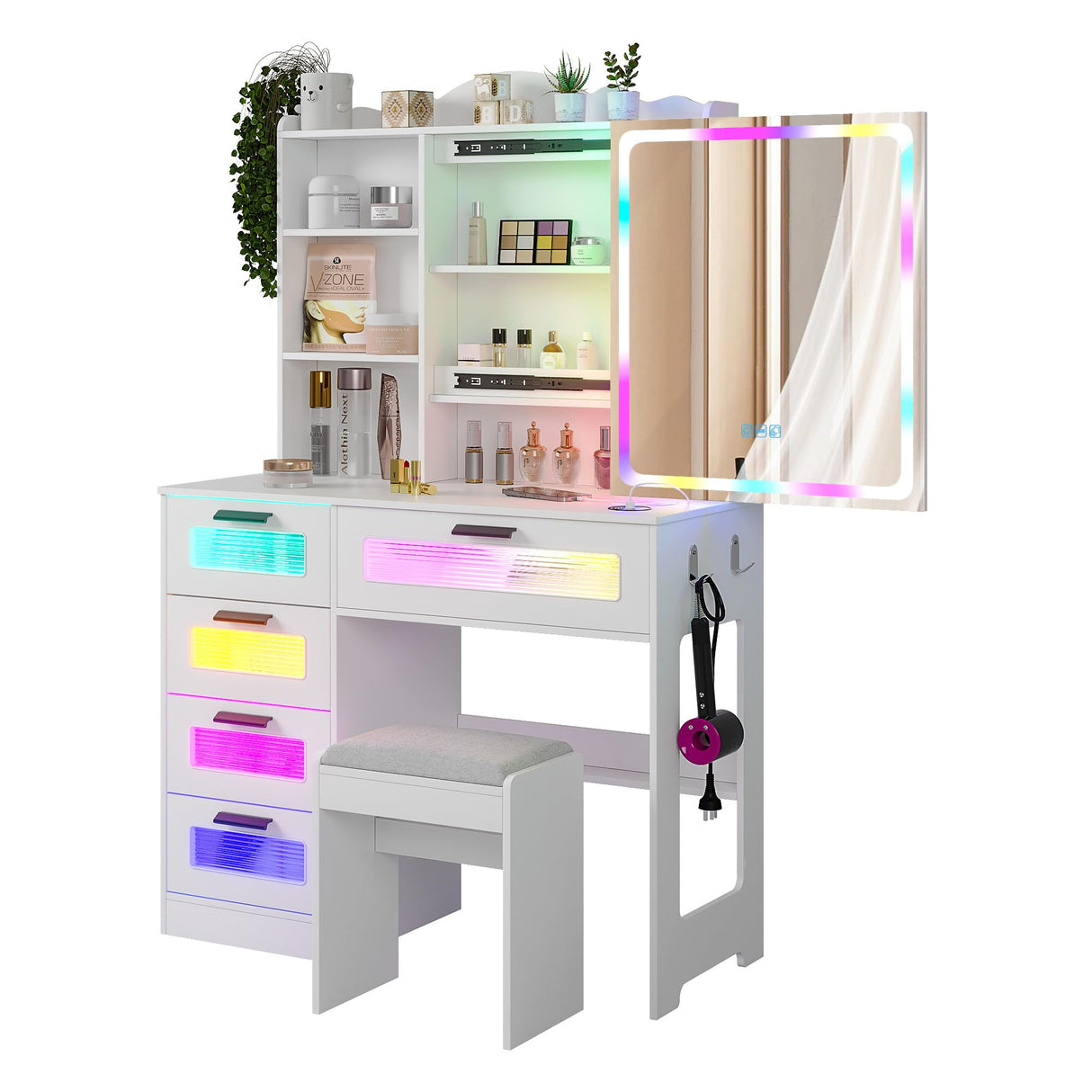 HNEBC Vanity Desk with Sliding Mirror and LED Lights, RGB Vanitys with Charging Station, Makeup Vanity with Remote Control, White Dresser with Stool/Lager Drawers for Bedroom (White) HNEBC