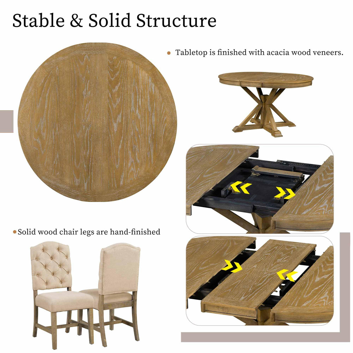 Retro Style 5-Piece Round Dining Table Set for 4,Extendable Table with 4 Upholstered Chairs for Dining Room,Living Room,Kitchen,54" Dining Table + 4 Dining Chairs(Oak Natural Wood + Off White) WIIS' IDEA