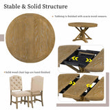 Retro Style 5-Piece Round Dining Table Set for 4,Extendable Table with 4 Upholstered Chairs for Dining Room,Living Room,Kitchen,54" Dining Table + 4 Dining Chairs(Oak Natural Wood + Off White) WIIS' IDEA