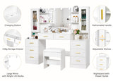 ANWBROAD 59.1" Large Vanity Desk Table with Mirror & Lights White Makeup Vanity with Power Outlet and 8 Drawers 2 Cabinets 3 Lighting Modes Adjustable Vanity Table for Bedroom Dressing Room UBDT67W ANWBROAD