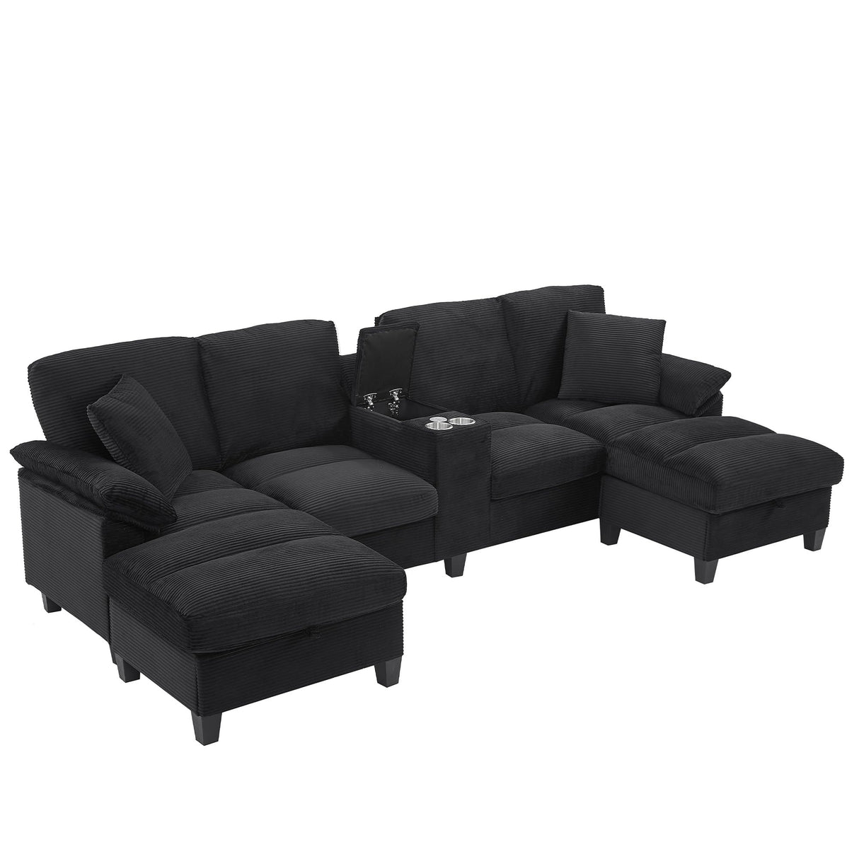 Merax 116.9" Modern U-Shaped Sofa Sectional Sofa Corduroy Upholstered Sofa Couch with Storage Ottomans, Cup Holders and USB Ports for Living Room, Black Merax