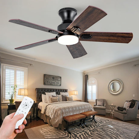 KENSID 42 Inch Black Ceiling Fans with Lights and Remote,Low Profile Flush Mount Modern Ceiling Fan with Light, 5 Blades,3 Color LED Light,6 Speed DC Motor,Indoor Outdoor Ceiling Fan for Bedroom KENSID