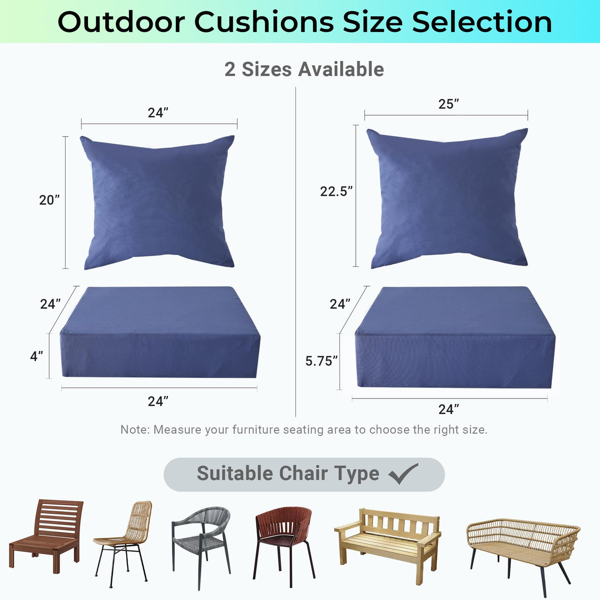 IPYNBAP Outdoor Cushions for Patio Furniture，Outdoor Seat Cushion Set 24 x 24 x 5.75 Inch，Waterproof & Fade Resistant Outdoor Chair Cushions，Deep Patio Chair Cushion with Removable Cover，Navy Blue IPYNBAP