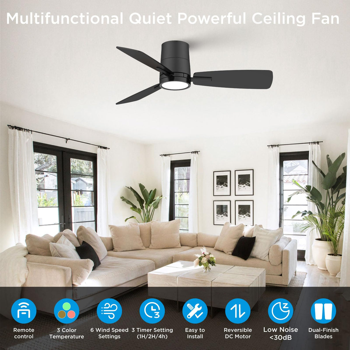 Atolit Ceiling Fans with Lights,42 inch,Quiet Reversible Motor,Easy to Install,6 Speeds,3CCT,Timer, Black Modern Ceiling Fan for Living Room, Bedroom, Kitchen, Dining room, Office Atolit